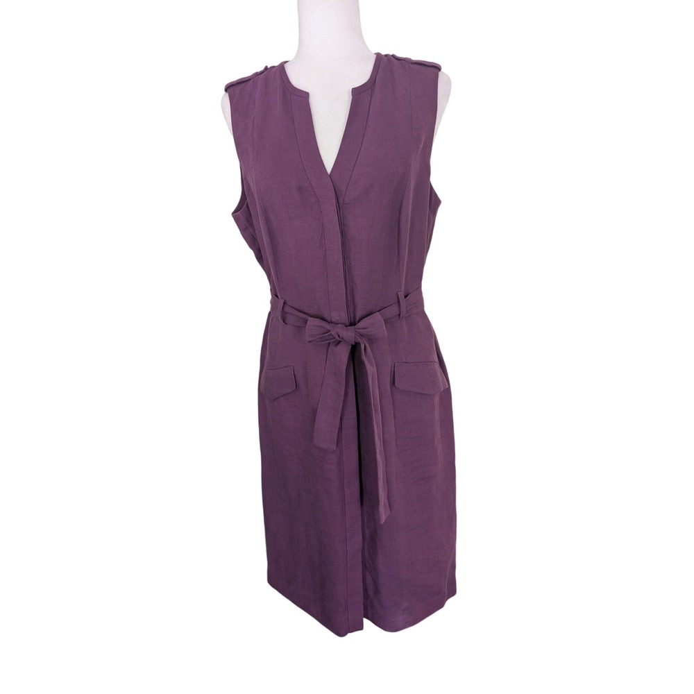 Talbots Womens Size 12 Purple 100% Linen Sleeveless Belted Safari Sheath Dress